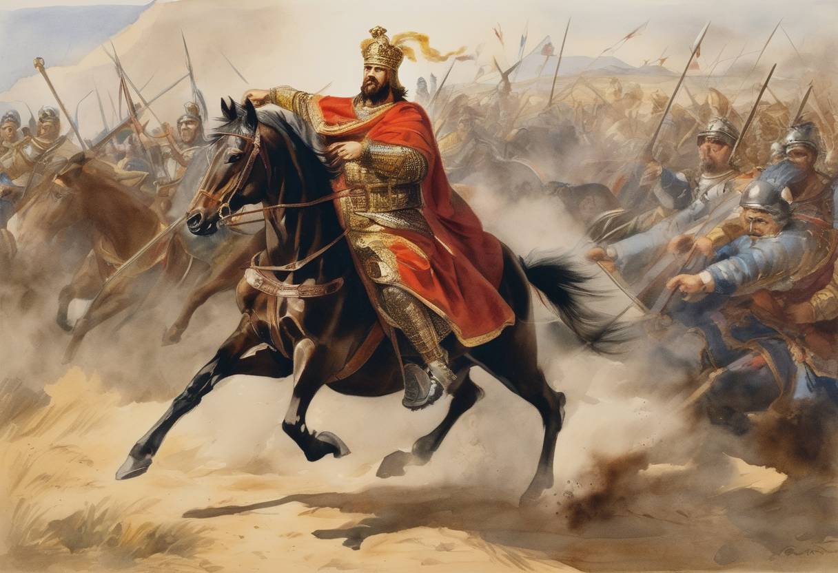 Watercolor painting based depiction of Otto II, Holy Roman Emperor, defeats an Arab force near Crotone in Southern Italy, marking a significant moment in his campaign to extend influence into Italy. (982)