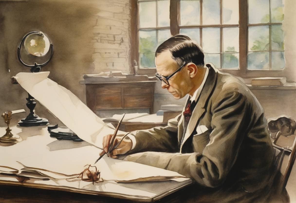 Watercolor painting based depiction of John T. Scopes, a Tennessee high school teacher, is indicted for teaching Charles Darwin's theory of evolution, leading to the famous Scopes Monkey Trial. (1895)