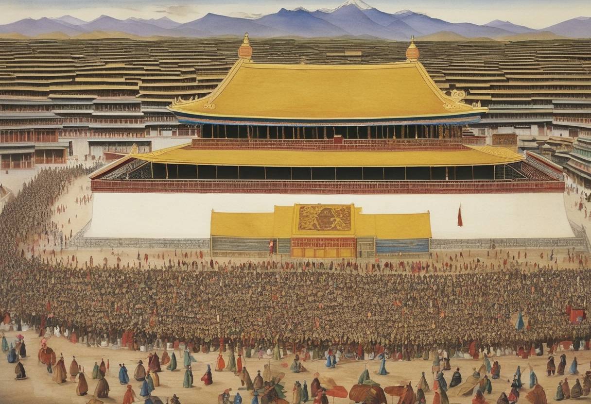 Watercolor painting based depiction of The construction of the Buddhist temple Jokhang in Lhasa, Tibet, was completed under the reign of Songtsen Gampo, though this date might reflect a significant ceremonial event or commemoration related to the temple. (1553)