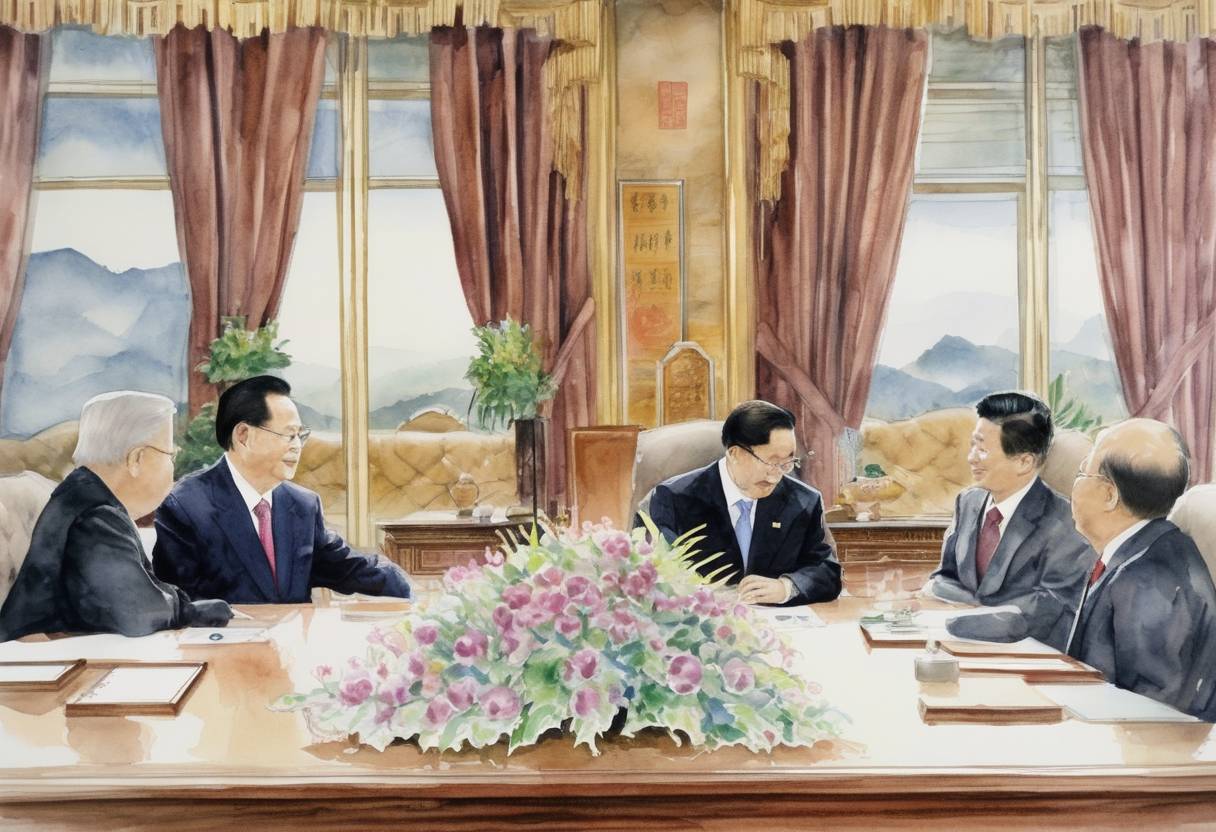 Watercolor painting based depiction of President Hu Jintao of China arrived in South Korea to discuss bilateral relations and regional security issues. (2008)