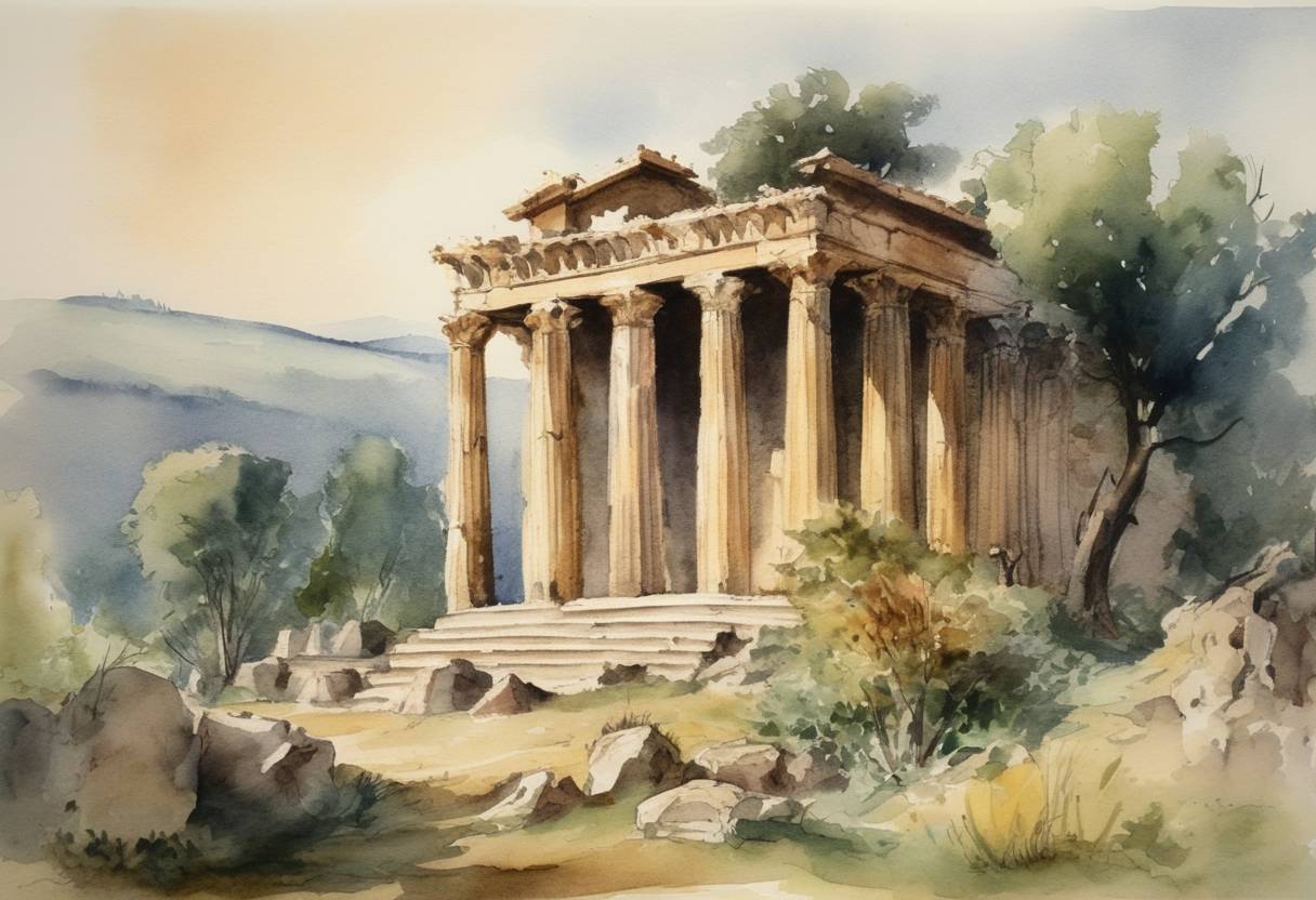 Watercolor painting based depiction of The Temple of Apollo at Daphne, near Antioch, was destroyed by fire. This significant event occurred during the reign of the Roman Emperor Julian, who was attempting to revive pagan religion and culture in the Roman Empire. The destruction of the temple was later attributed to Christians by some sources, though historical accounts vary. (362)