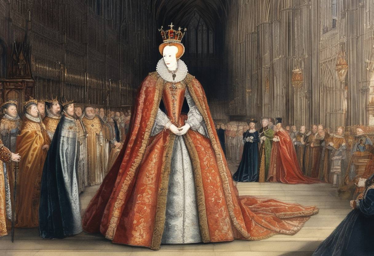 Watercolor painting based depiction of Elizabeth I was crowned Queen of England in Westminster Abbey after the death of her half-sister, Queen Mary I. The coronation marked the beginning of her long and significant reign, known for the Elizabethan era, which saw flourishing English drama led by playwrights such as William Shakespeare and the seafaring exploits of figures such as Sir Francis Drake. (1559)