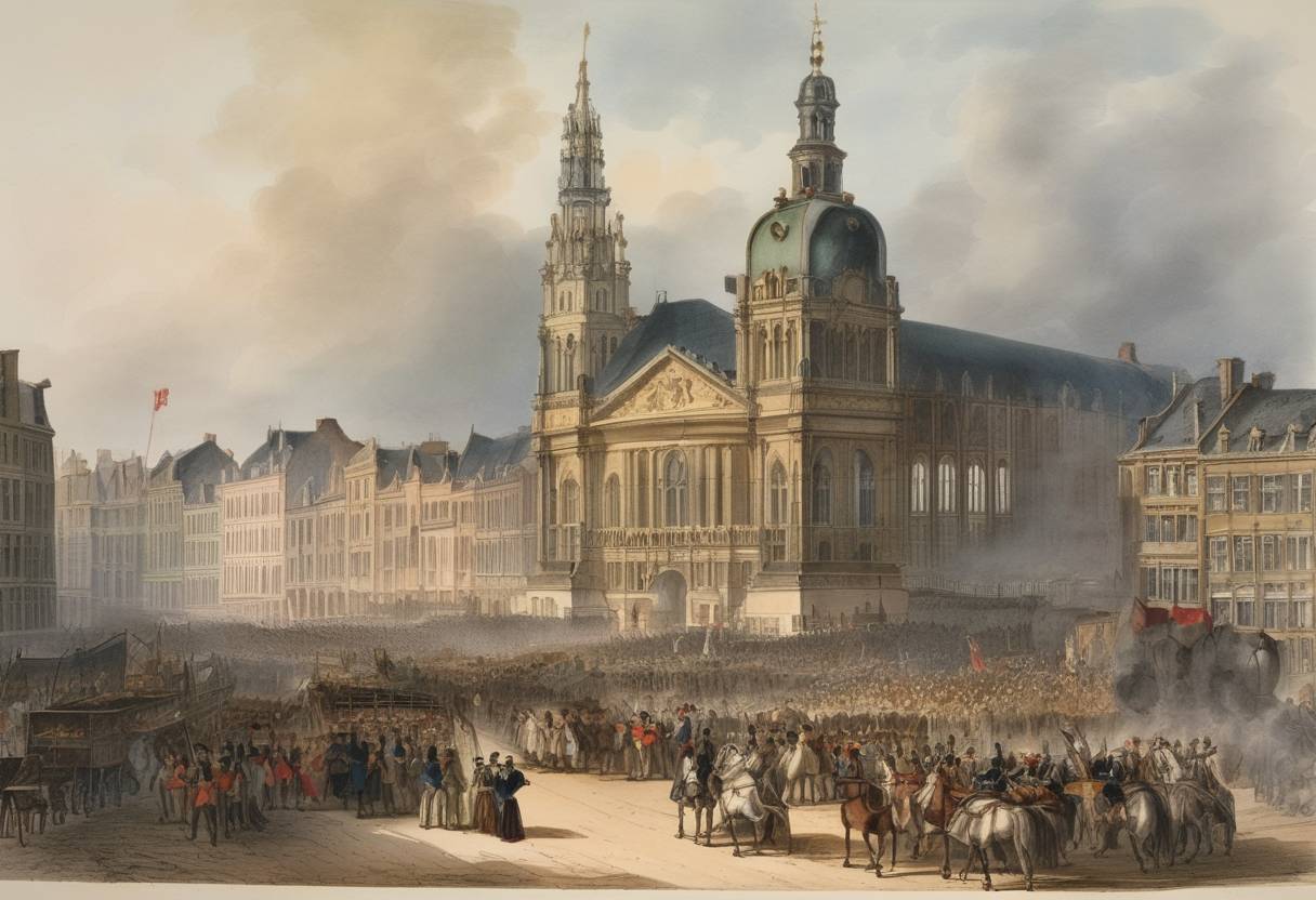 Watercolor painting based depiction of The Belgian Revolution against Dutch rule began, leading to Belgium's independence. (1830)