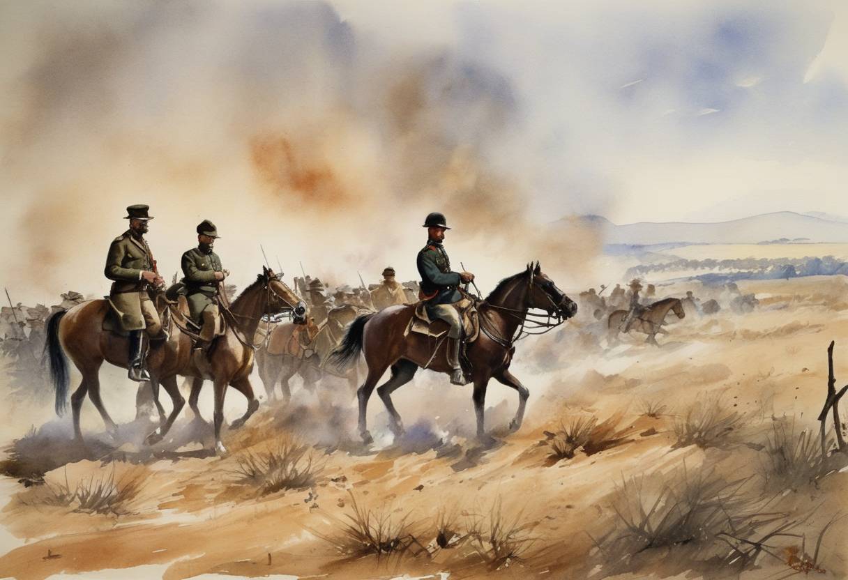 Watercolor painting based depiction of British forces under Major-General Robert Baden-Powell successfully relieve the Siege of Mafeking during the Second Boer War. (1900)