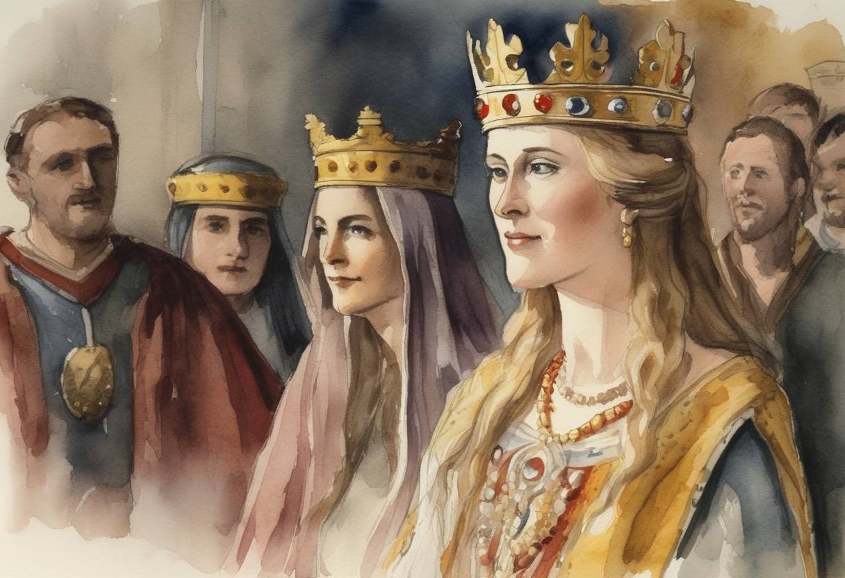 Watercolor painting based depiction of Edith of Wessex is crowned Queen of England following the conquest of England by her husband, King Harold II, who took the throne in 1066. (1068)