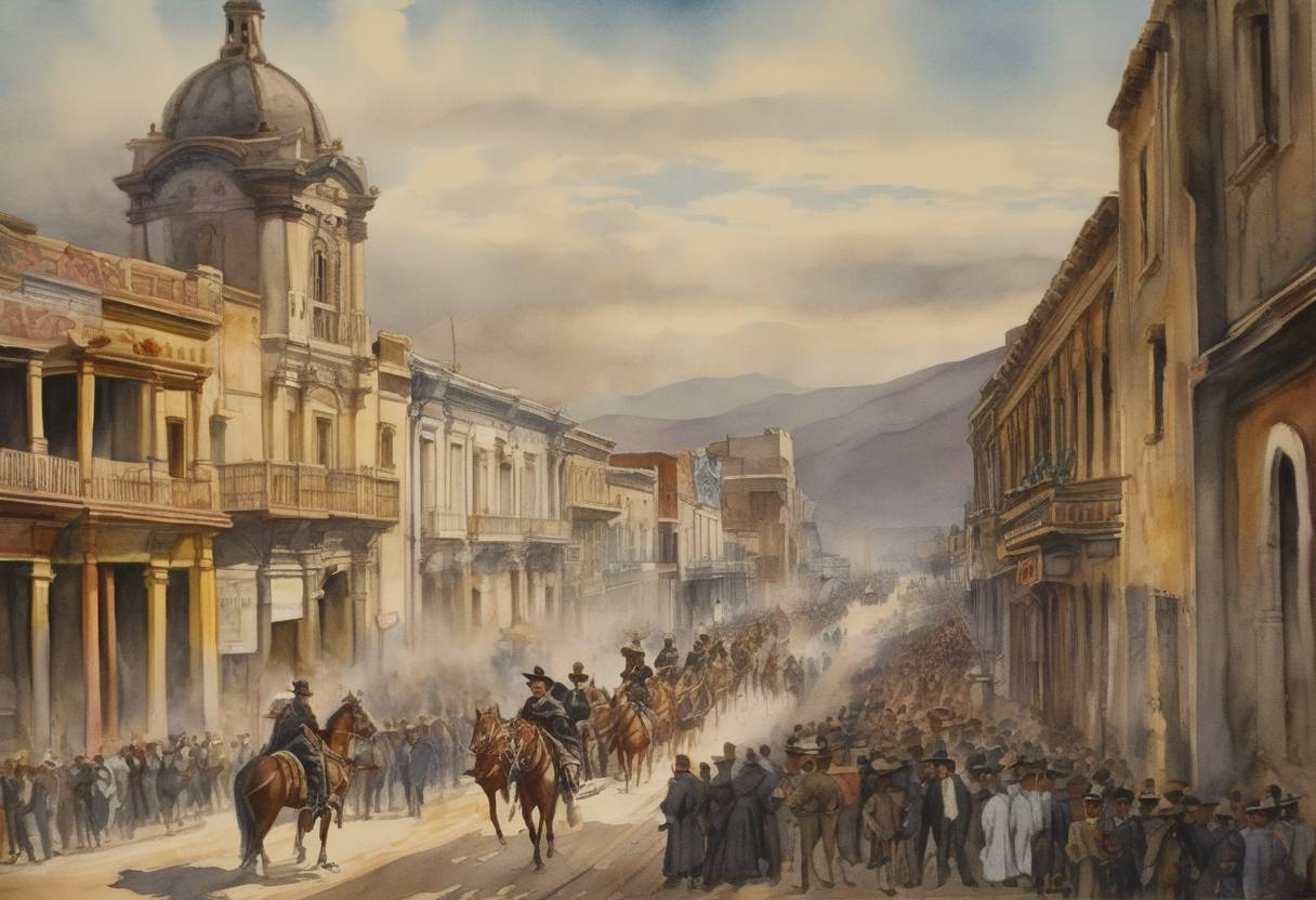 Watercolor painting based depiction of Francisco I. Madero issues the Plan de San Luis Potosí, urging Mexicans to rise up against the presidency of Porfirio Díaz, which marks the start of the Mexican Revolution. (1910)