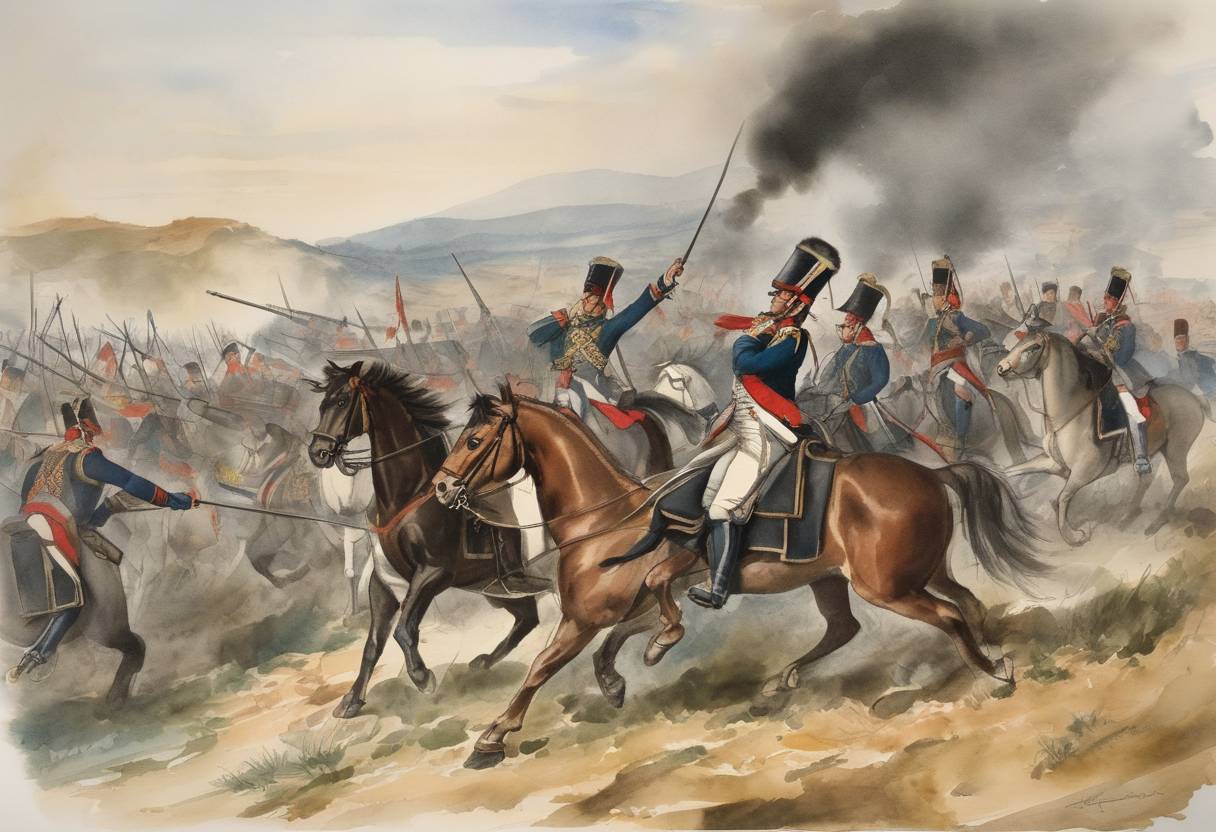 Watercolor painting based depiction of The Peninsular War: In the Battle of Albuera, British, Spanish, and Portuguese forces under the command of Sir William Beresford defeated the French army under Marshal Soult. (1811)