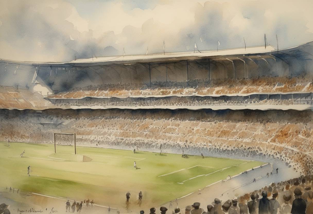 Watercolor painting based depiction of The inaugural FIFA World Cup begins in Montevideo, Uruguay. (1930)