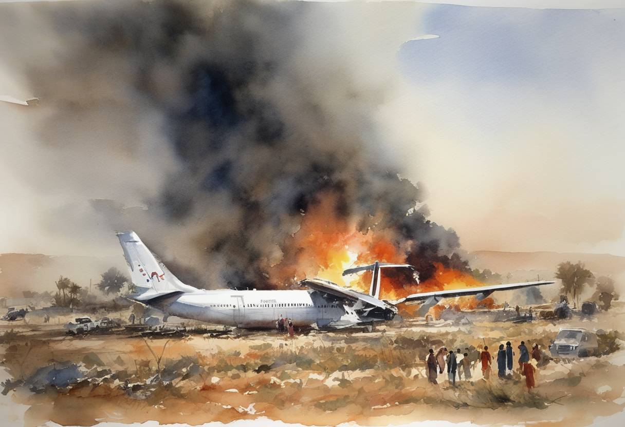 Watercolor painting based depiction of 25 people died in a plane crash in Nigeria when an EAS Airlines aircraft went down near the city of Kano. (2002)