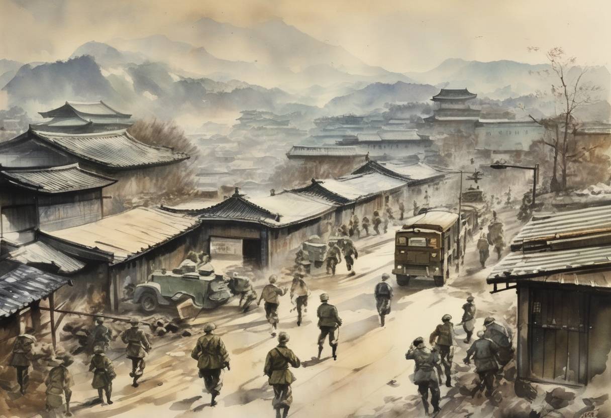 Watercolor painting based depiction of During the Korean War, Chinese and North Korean forces captured Seoul. (1951)