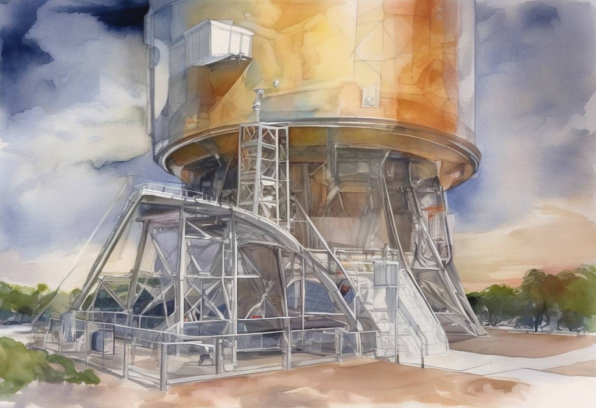 Watercolor painting based depiction of The Spitzer Space Telescope, a space-borne observatory, was launched by NASA to study the universe in infrared light. (2003)