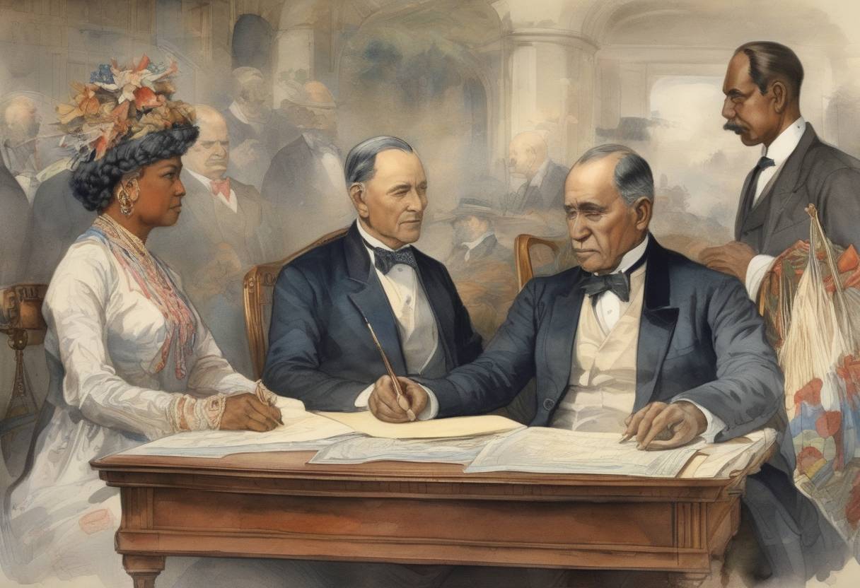 Watercolor painting based depiction of The Hay-Bunau-Varilla Treaty was signed, granting the United States the rights to build the Panama Canal. (1903)