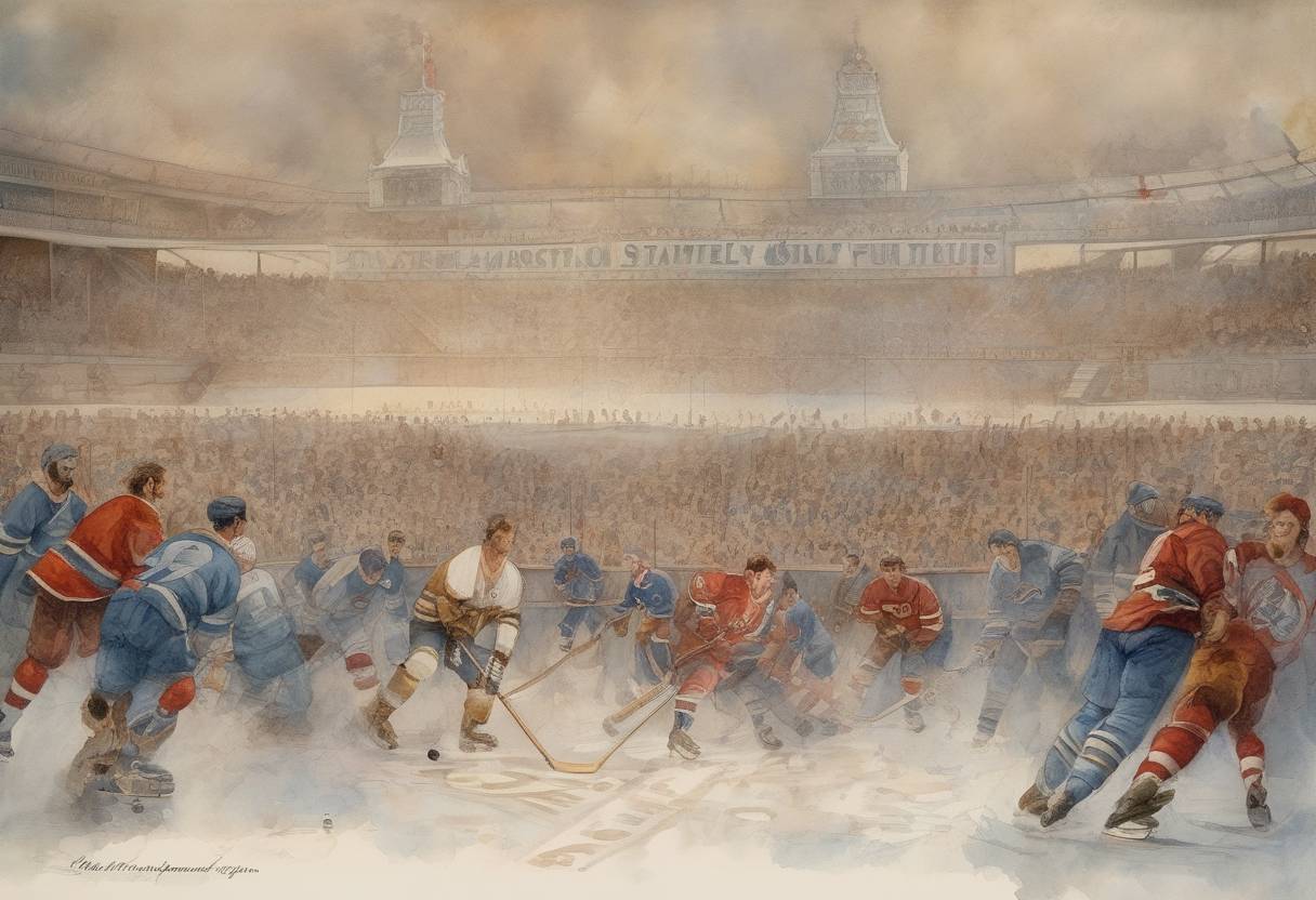 Watercolor painting based depiction of The first Stanley Cup championship game was played in Montreal, Canada, marking the beginning of the oldest professional sports trophy competition in North America. (1894)