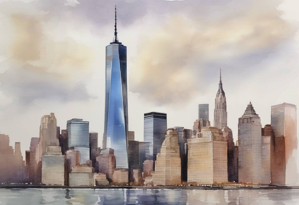 Watercolor painting based depiction of One World Trade Center officially opened in New York City, marking a significant milestone in the reconstruction of the World Trade Center site after the September 11 attacks. (2014)