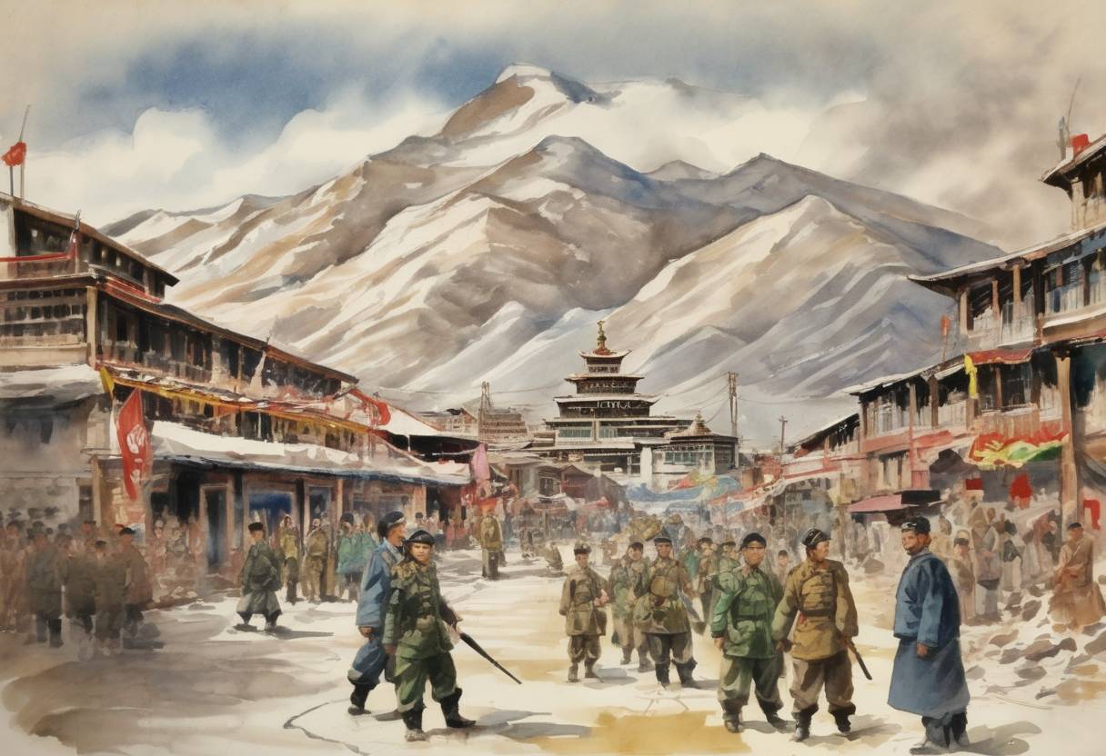 Watercolor painting based depiction of The People's Liberation Army of China captured the city of Chamdo, marking the start of the annexation of Tibet. (1950)