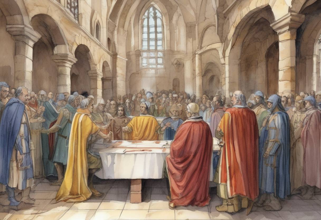Watercolor painting based depiction of The Council of Agde, a significant church synod, convened in the city of Agde, Gaul (modern-day France). This council was organized by Caesarius of Arles and addressed various ecclesiastical issues, including church discipline and clerical conduct. (506)