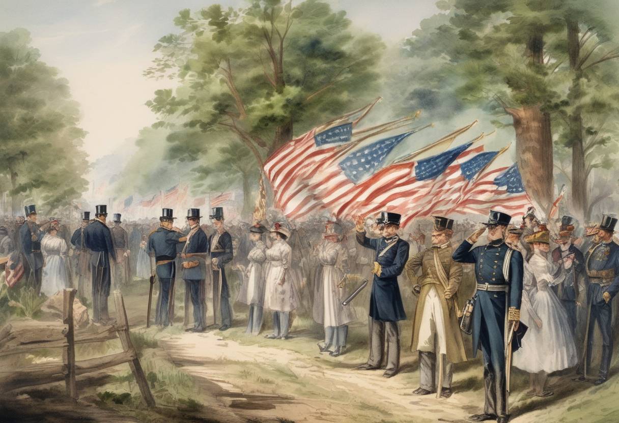 Watercolor painting based depiction of The first Decoration Day, later known as Memorial Day, was observed in the United States to honor those who died in the Civil War. (1868)