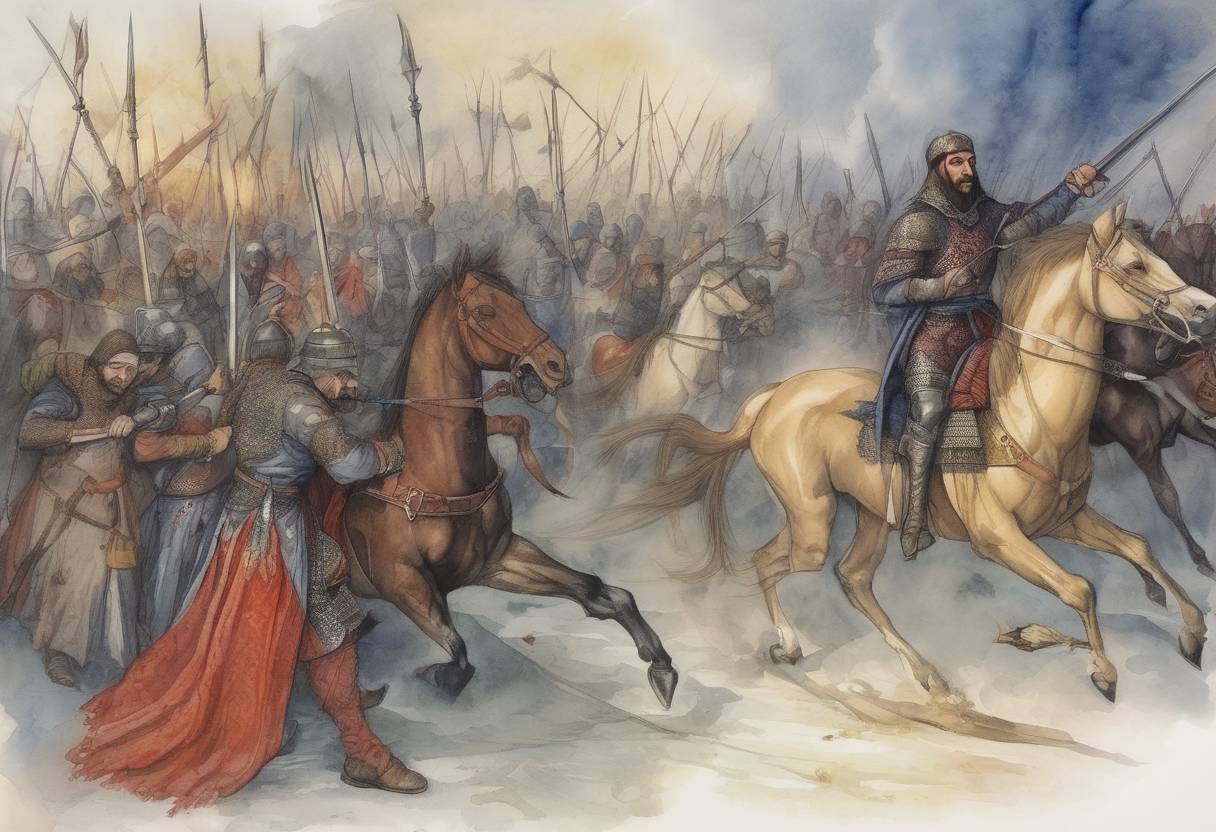 Watercolor painting based depiction of Vlad the Impaler attempts to assassinate Mehmed II, leading to the Night Attack at Târgoviște. (1462)