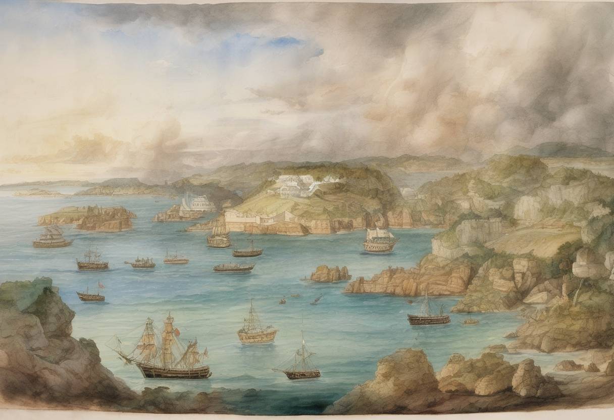 Watercolor painting based depiction of The Bermuda Islands became an English colony following the wreck of the Sea Venture, a ship of the Virginia Company, which led to the settlement of the islands. (1609)