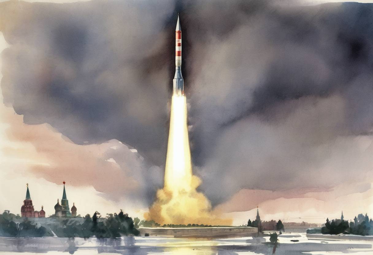 Watercolor painting based depiction of The Soviet Union announced the successful test of an intercontinental ballistic missile (ICBM). (1957)
