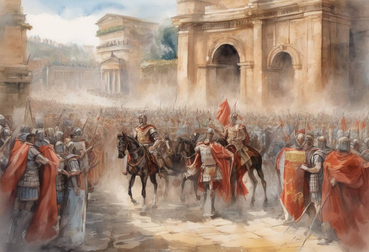 Watercolor painting based depiction of The Roman Emperor Constantius II enters Rome for the first time to celebrate his victory over the usurper Magnentius. (357)