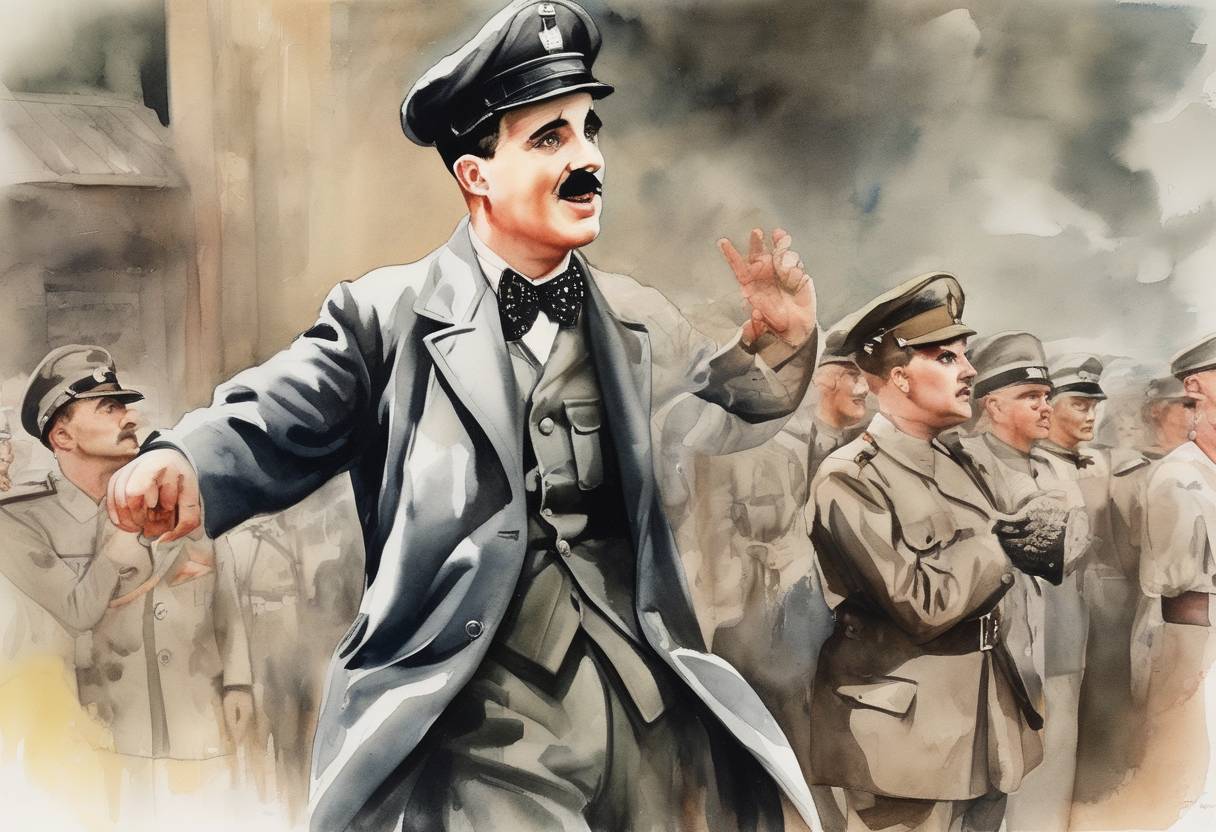 Watercolor painting based depiction of Charlie Chaplin's film 'The Great Dictator' is released, satirizing Adolf Hitler and the Nazi regime. (1940)