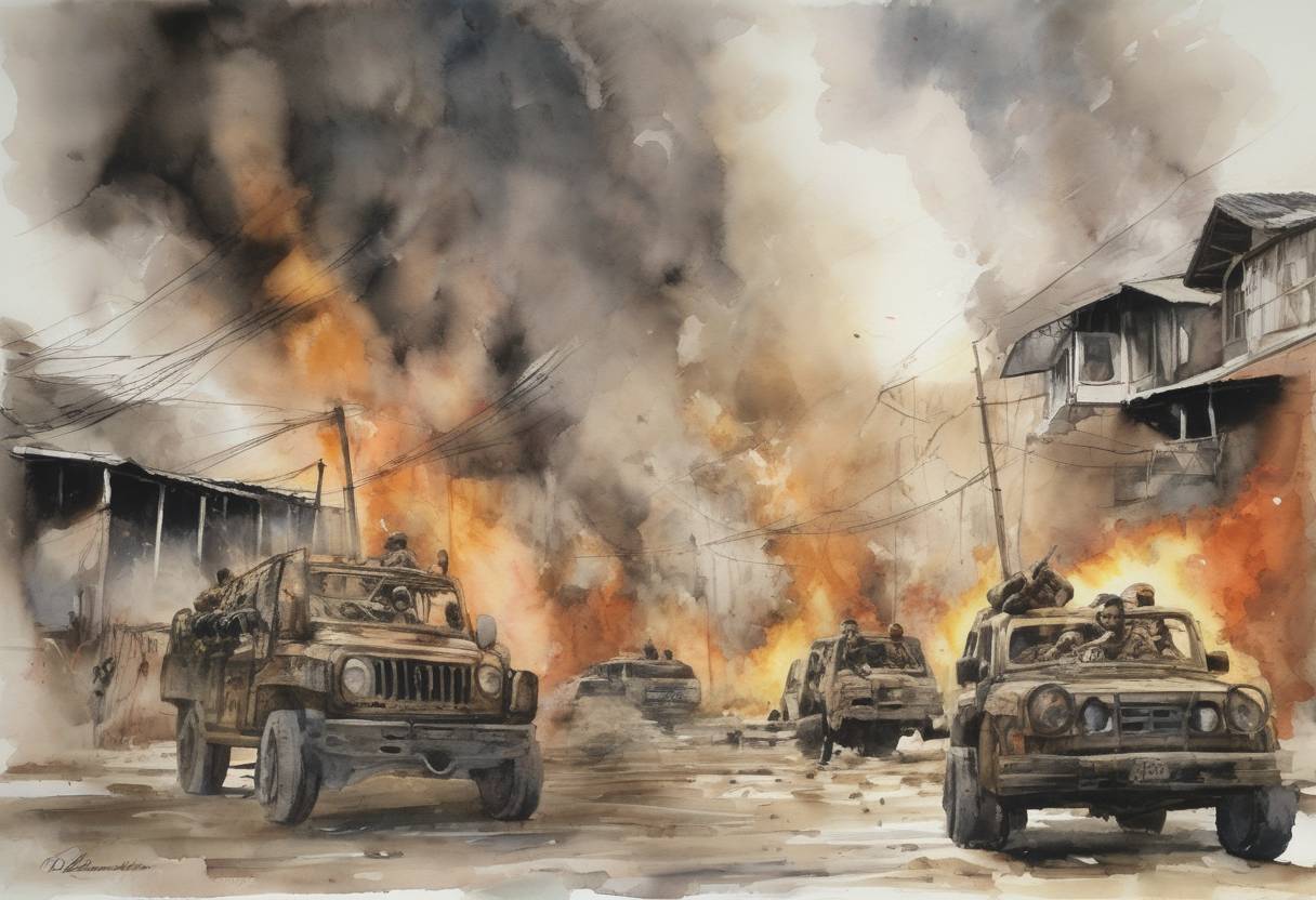 Watercolor painting based depiction of Islamic militants launch a series of coordinated bombings in the southern Philippines, killing 21 people and injuring over 100. (2004)