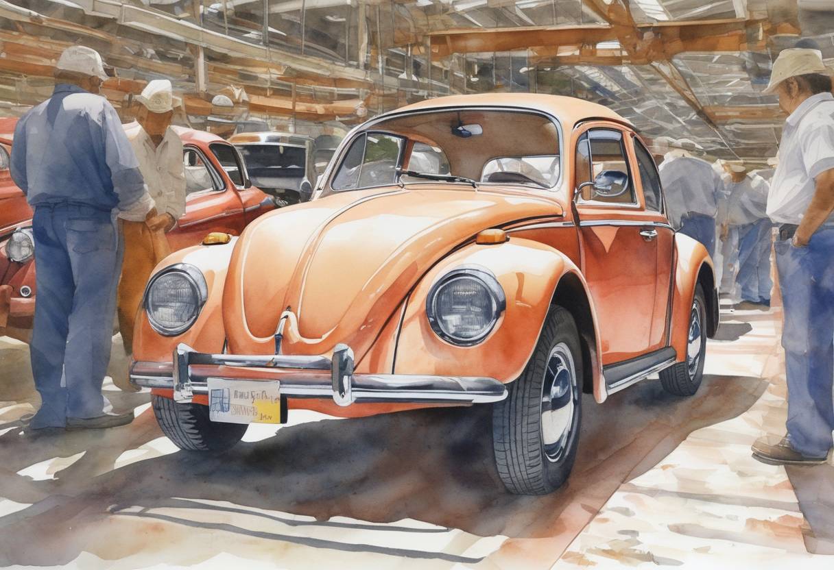 Watercolor painting based depiction of The last 'old style' Volkswagen Beetle rolls off the assembly line in Puebla, Mexico, marking the end of production for the iconic car model that began in 1938. (2003)