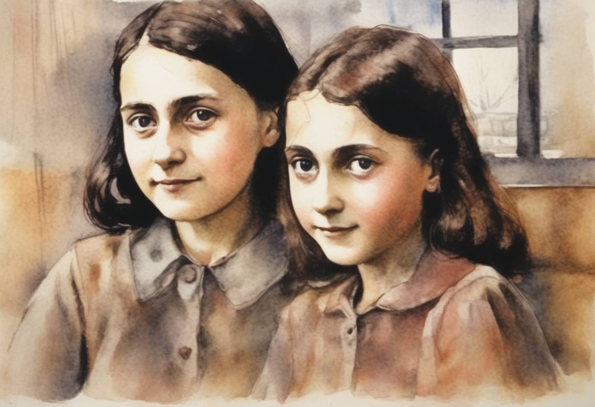 Watercolor painting based depiction of Anne Frank and her sister Margot were deported from Auschwitz to the Bergen-Belsen concentration camp. (1944)