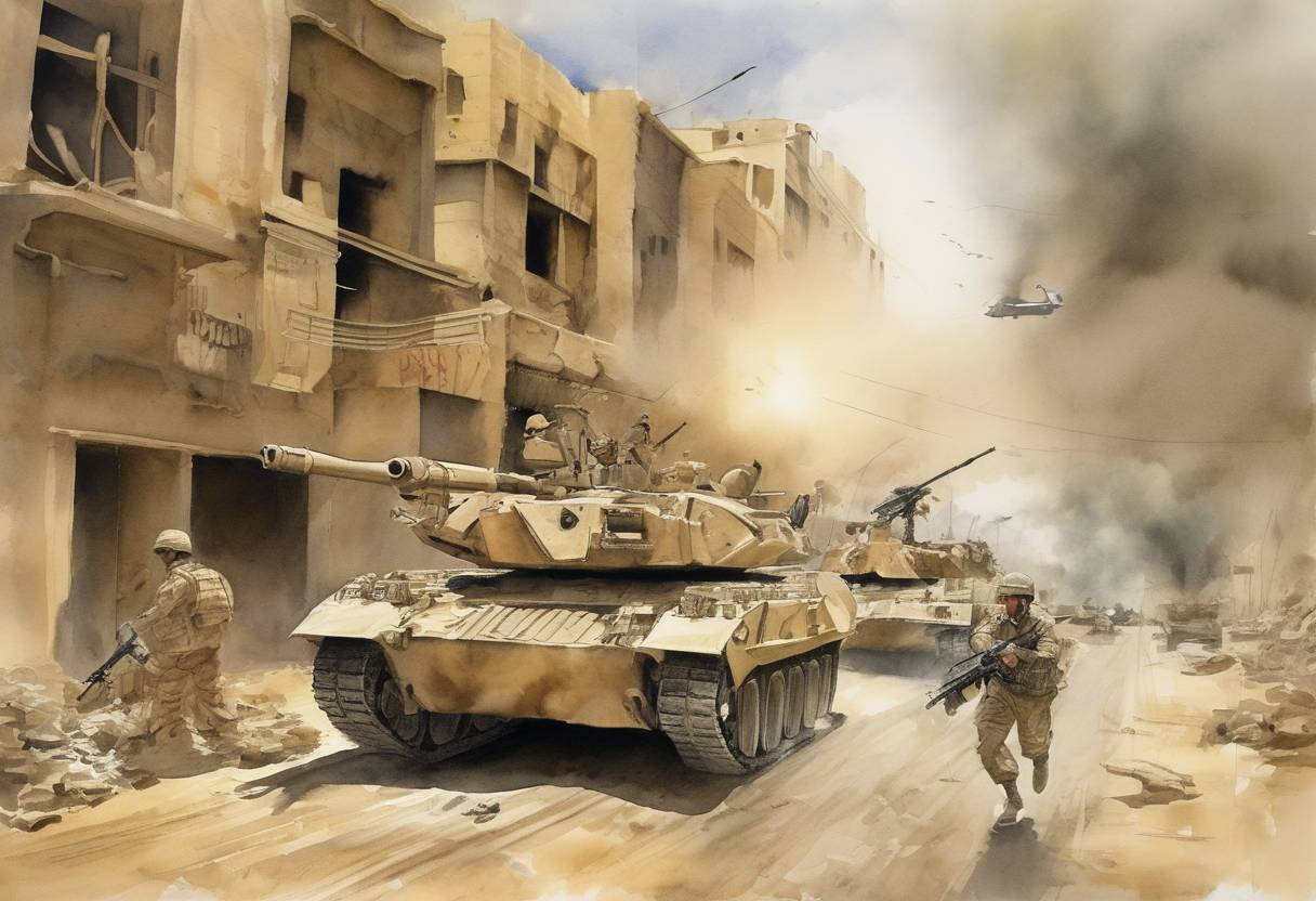 Watercolor painting based depiction of The United States and coalition forces launched a ground invasion of Iraq, marking the beginning of the Iraq War. (2003)