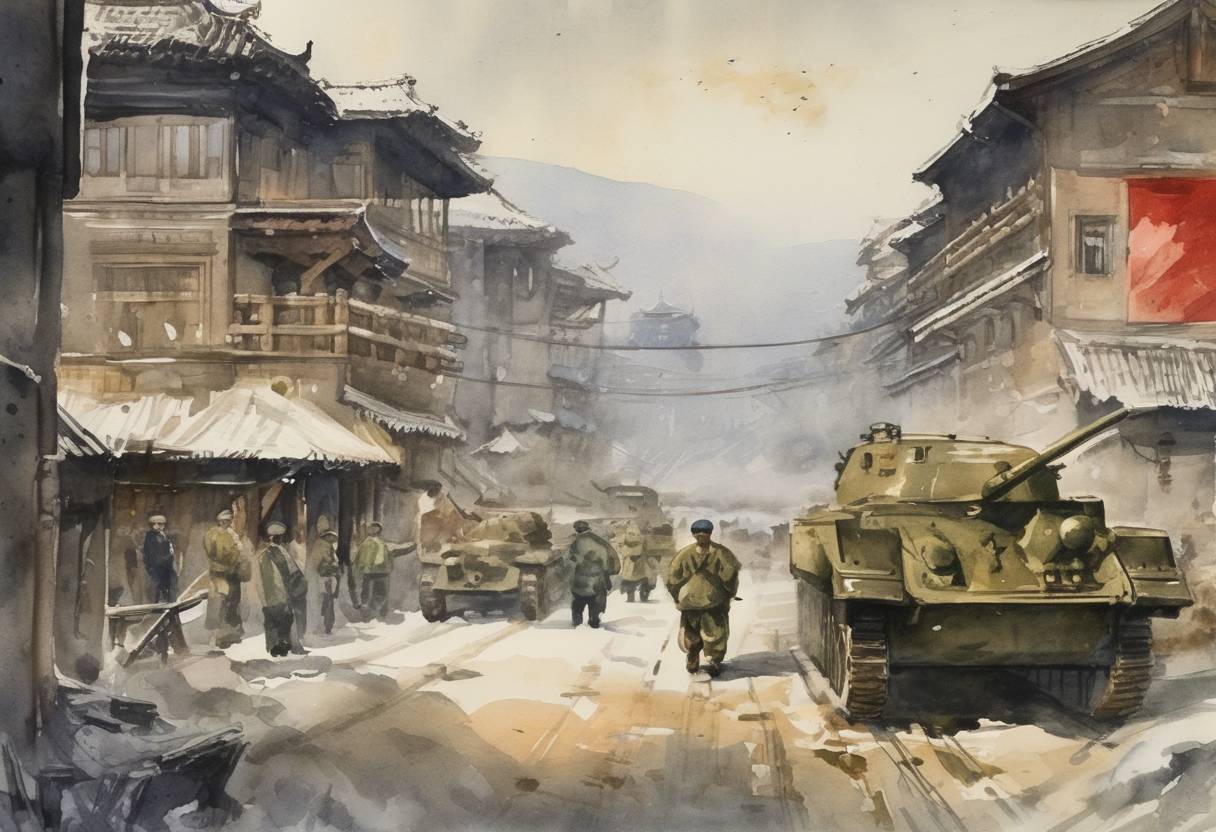 Watercolor painting based depiction of The Soviet Union declared war on Japan and invaded Manchuria, fulfilling a promise made to the Allies at the Yalta Conference. (1945)