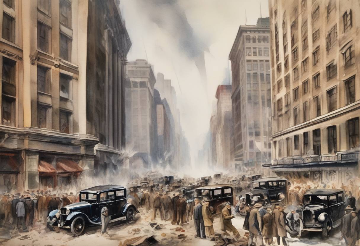 Watercolor painting based depiction of The Wall Street Crash of 1929 began, marking the start of the Great Depression. Known as Black Thursday, it saw a massive sell-off of shares on the New York Stock Exchange. (1929)