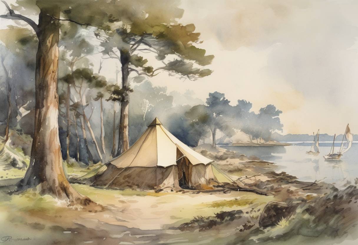 Watercolor painting based depiction of Sir Robert Baden-Powell held the first experimental camp on Brownsea Island, which led to the establishment of the Boy Scout movement. (1907)