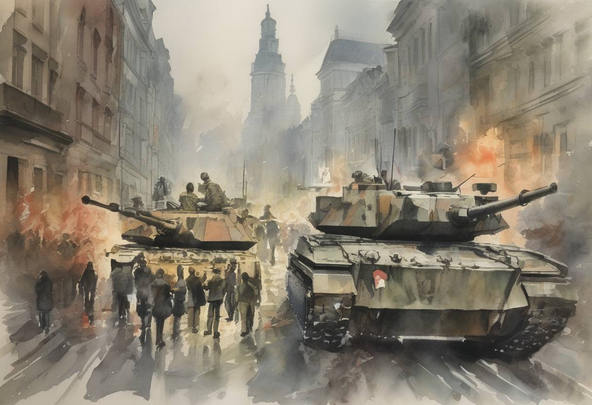 Watercolor painting based depiction of Martial law is declared in Poland to crush the Solidarity movement. (1981)