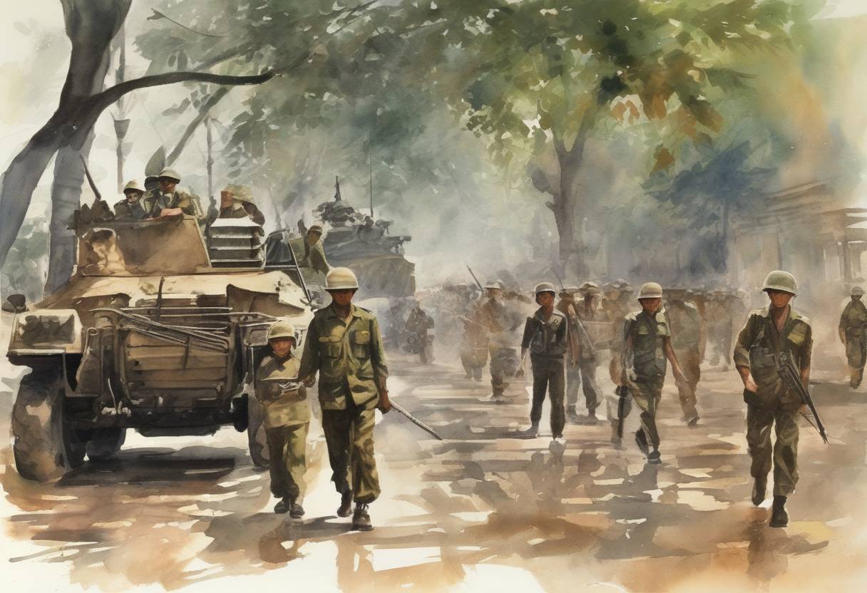 Watercolor painting based depiction of Vietnamese forces captured Phnom Penh, the capital of Cambodia, effectively ending the Khmer Rouge regime. (1979)