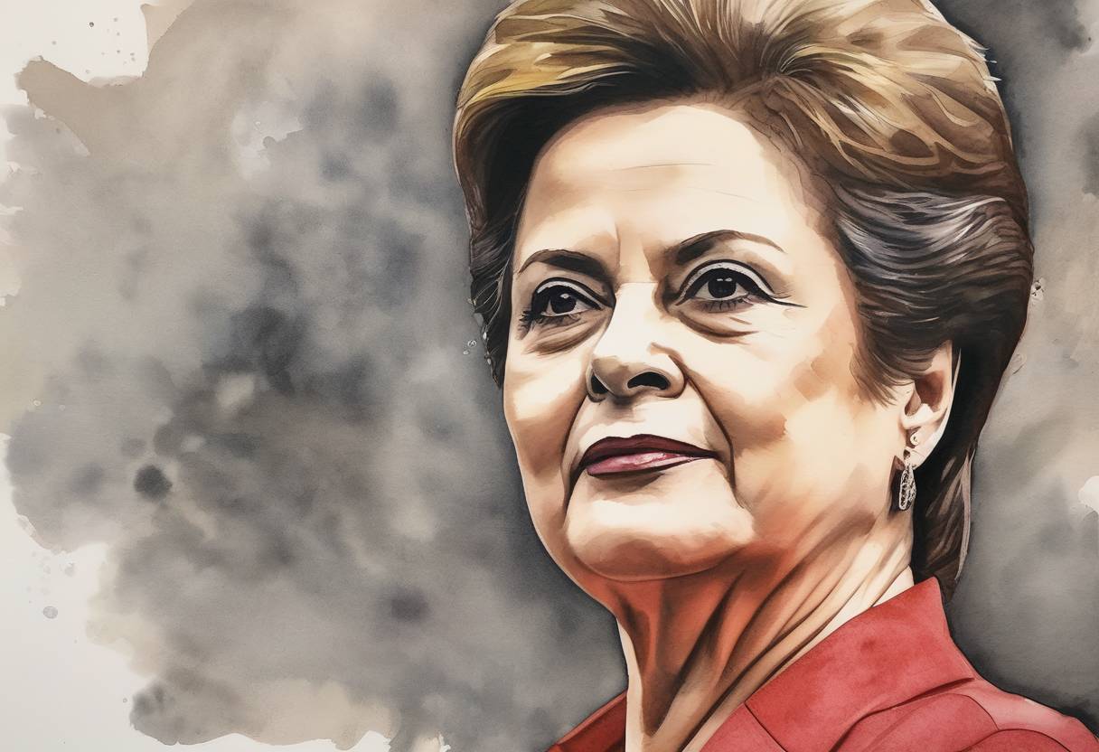 Watercolor painting based depiction of Dilma Rousseff, the first female President of Brazil, was impeached and removed from office by the Brazilian Senate on charges of fiscal mismanagement, ending 13 years of rule by the Workers' Party. (2016)