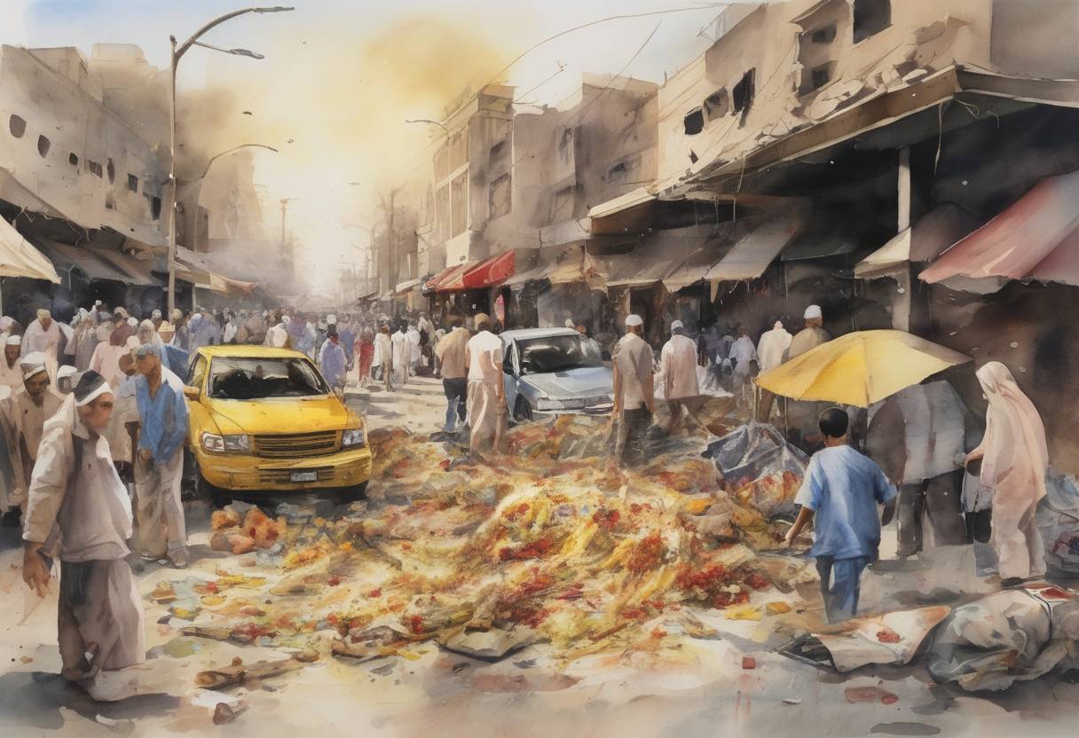 Watercolor painting based depiction of A Baghdad market bombing killed at least 135 people and injured more than 300, one of the deadliest attacks since the 2003 invasion of Iraq. (2007)