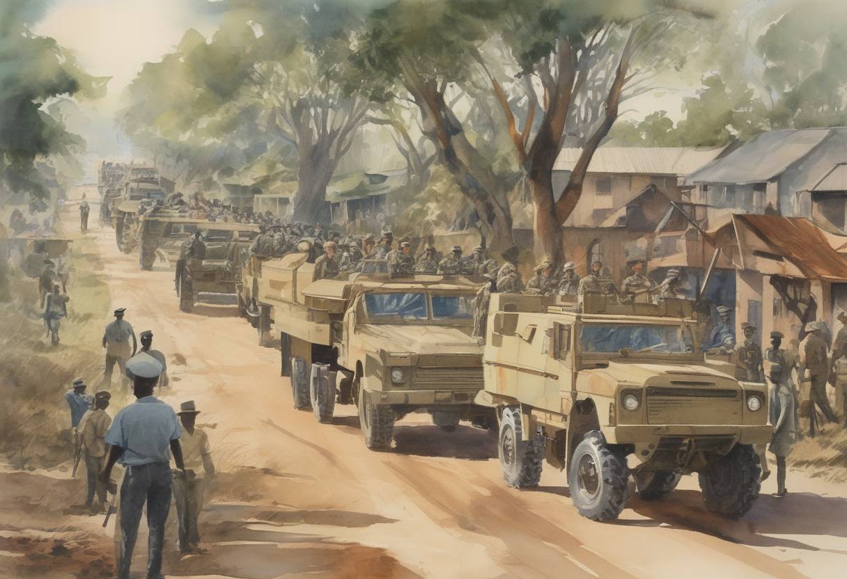 Watercolor painting based depiction of Rhodesia, led by Prime Minister Ian Smith, declared its Unilateral Declaration of Independence from the United Kingdom, leading to international isolation and conflict. (1965)