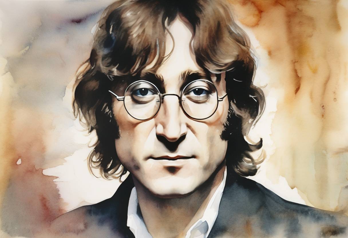 Watercolor painting based depiction of John Lennon, former member of The Beatles, was shot and killed outside his apartment in New York City. (1980)