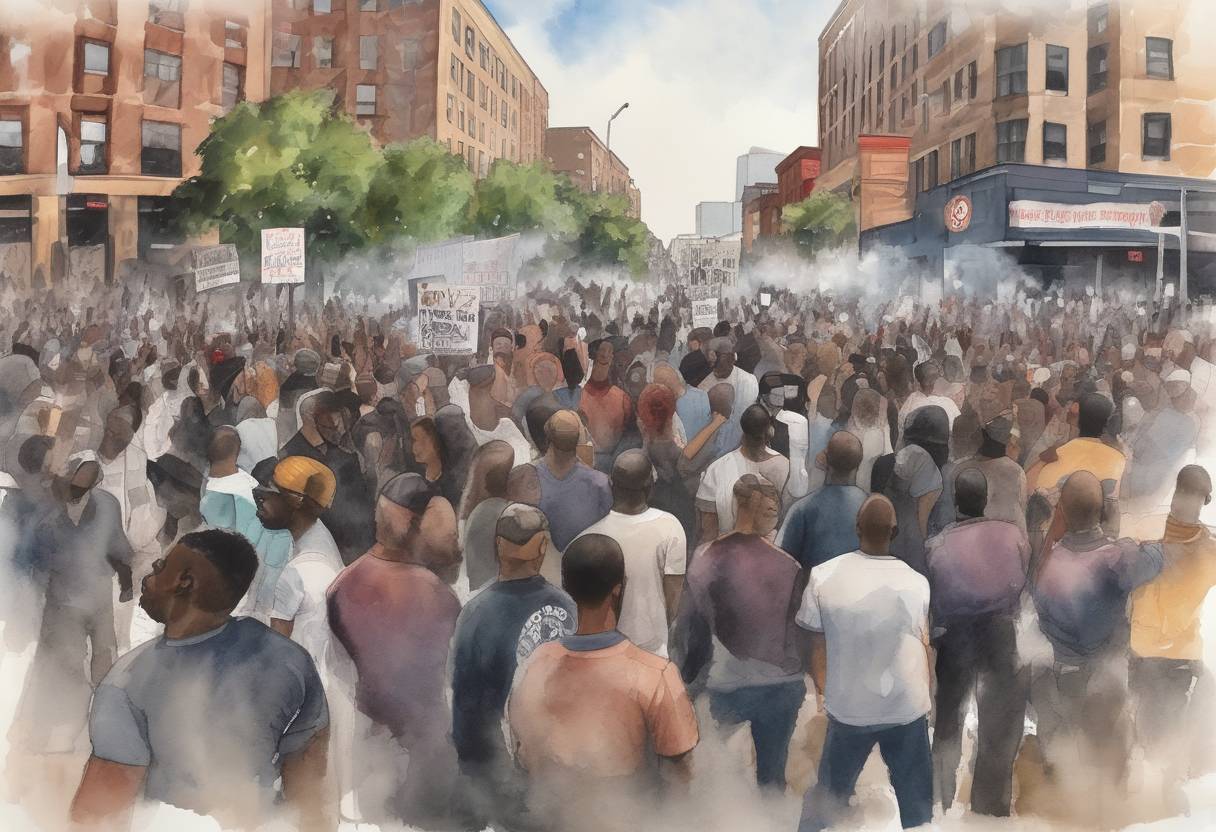 Watercolor painting based depiction of Protests erupt in Minneapolis, Minnesota, following the death of George Floyd, an African American man, in police custody. This incident sparks a global movement against racial injustice and police brutality. (2020)