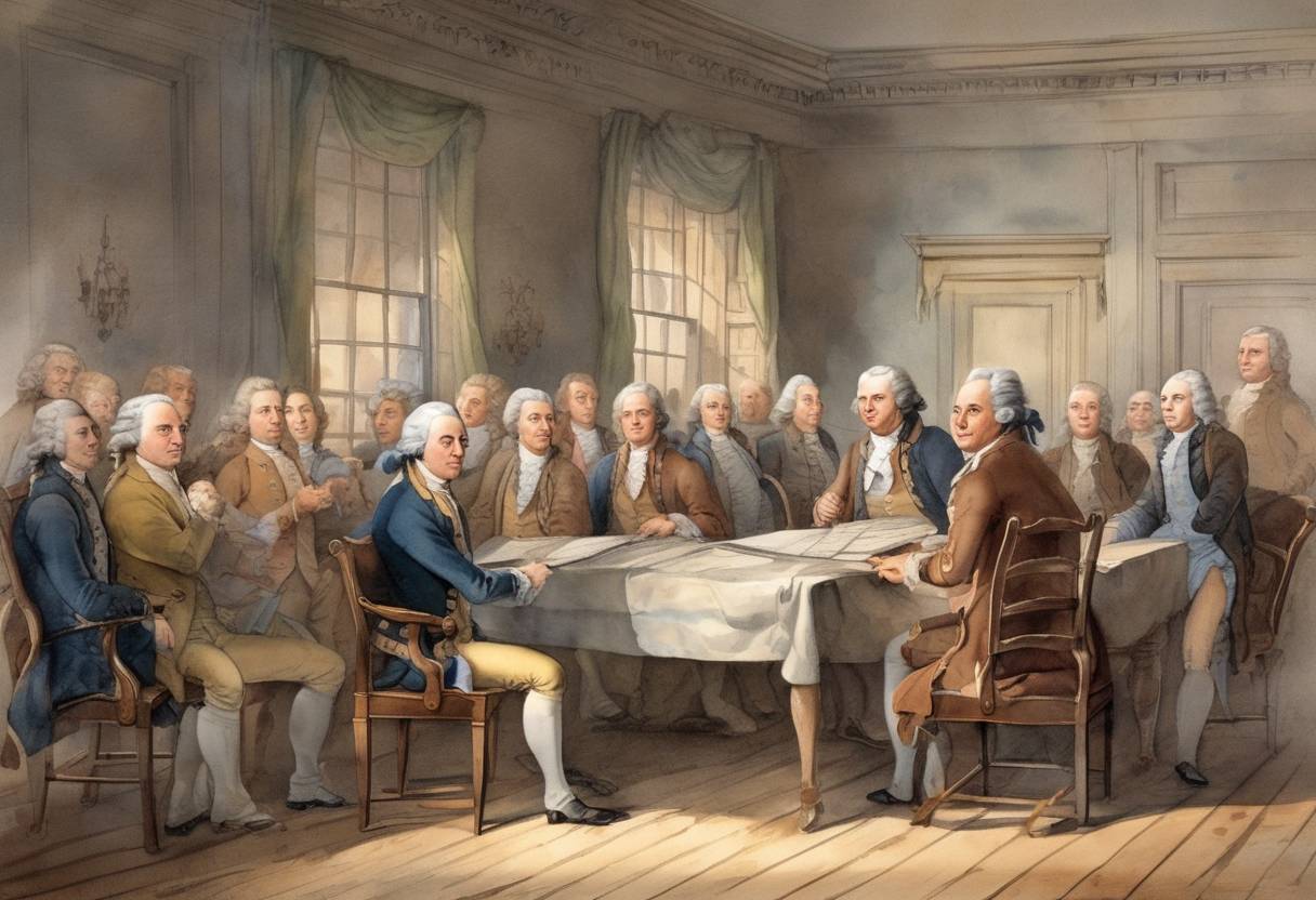 Watercolor painting based depiction of The First Continental Congress convened in Philadelphia, Pennsylvania, with delegates from twelve of the thirteen American colonies, marking a significant step towards American independence. (1774)