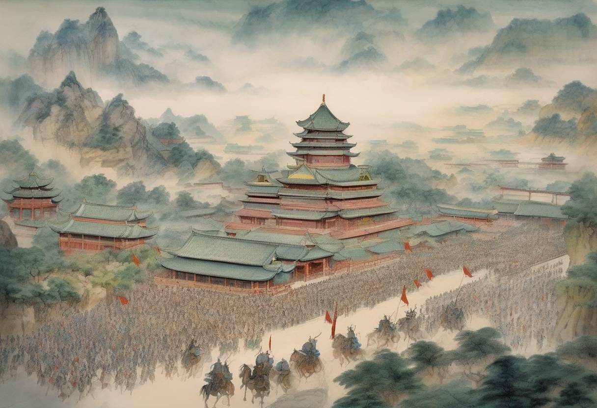 Watercolor painting based depiction of Zhu Yuanzhang ascends to the throne of China as the Hongwu Emperor, marking the beginning of the Ming Dynasty. (1368)