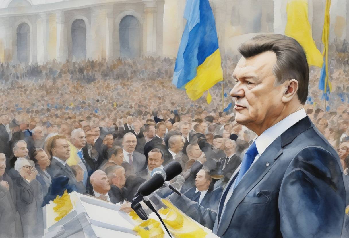 Watercolor painting based depiction of Viktor Yanukovych is inaugurated as President of Ukraine, marking a significant political shift in the country. (2010)