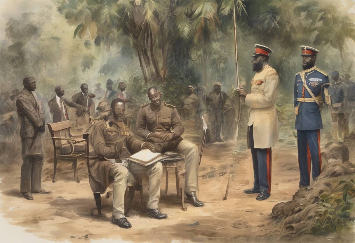 Watercolor painting based depiction of King Leopold II of Belgium establishes the Congo Free State as his personal possession, leading to significant exploitation and human rights abuses. (1885)