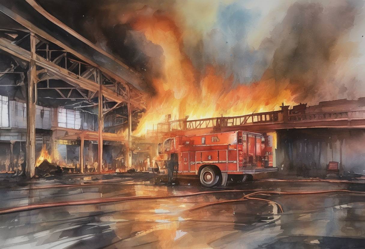 Watercolor painting based depiction of A fire broke out during a concert at the Ghost Ship warehouse in Oakland, California, killing 36 people. The tragedy highlighted issues of building safety and code violations in artist spaces. (2016)