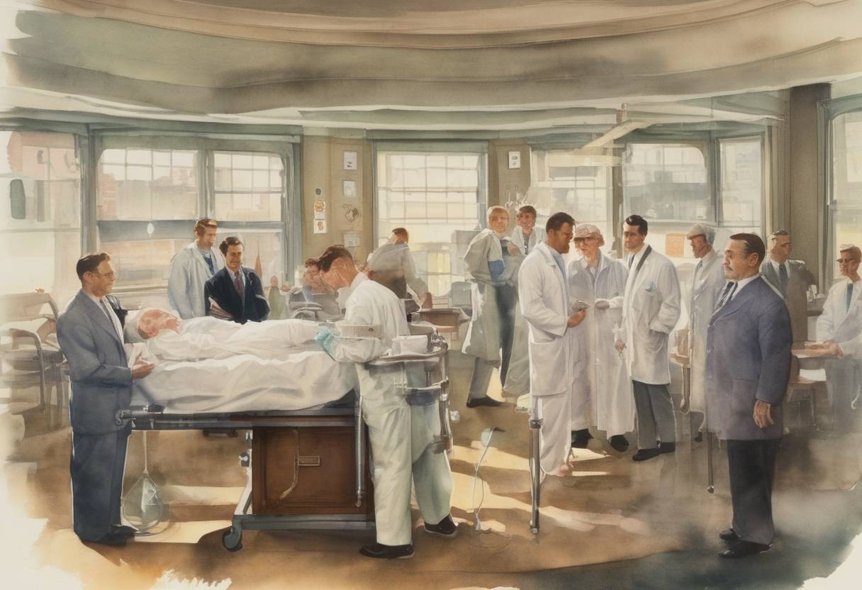 Watercolor painting based depiction of The first successful kidney transplant was performed by Dr. Joseph Murray and his team at Peter Bent Brigham Hospital in Boston. (1954)