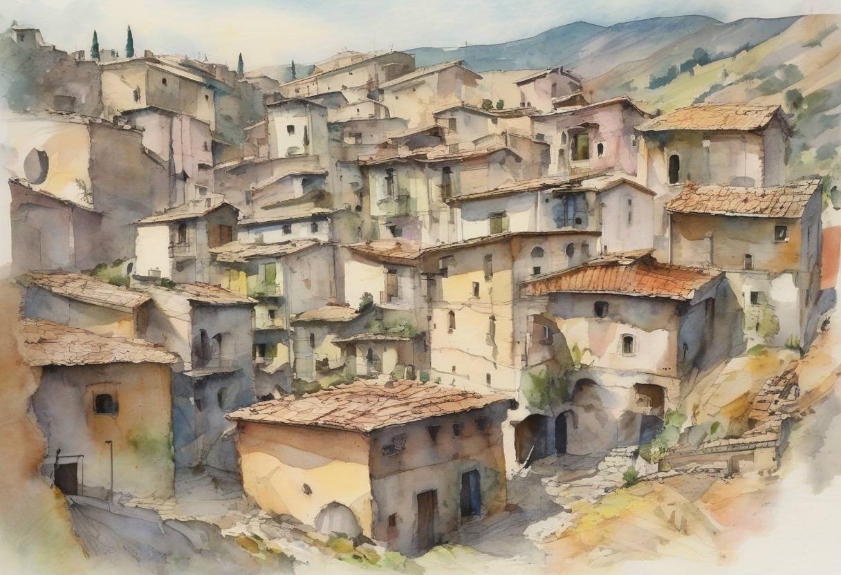 Watercolor painting based depiction of A series of earthquakes, the strongest being a magnitude 6.9, strike southern Italy, particularly affecting the regions of Campania and Basilicata, resulting in nearly 3,000 deaths and widespread destruction. (1980)
