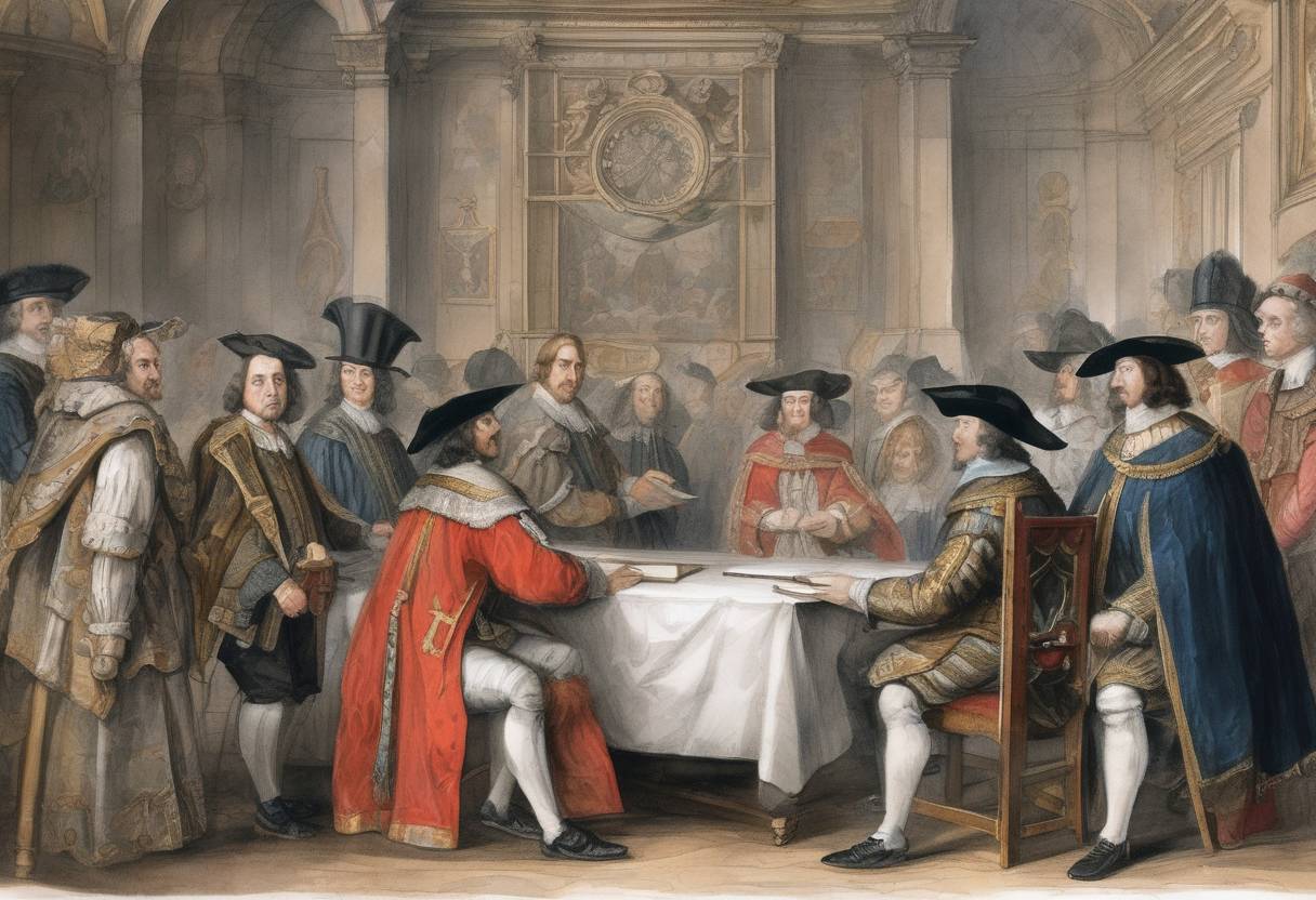 Watercolor painting based depiction of The Treaty of Ripon was signed, ending the Second Bishops' War between England and Scotland. (1640)