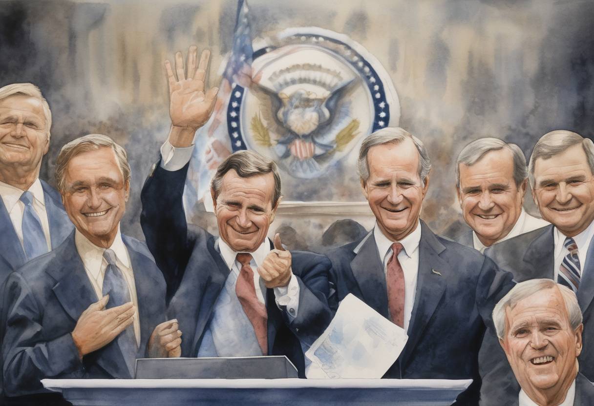 Watercolor painting based depiction of George H. W. Bush was elected as the 41st President of the United States, defeating Democratic candidate Michael Dukakis. (1988)