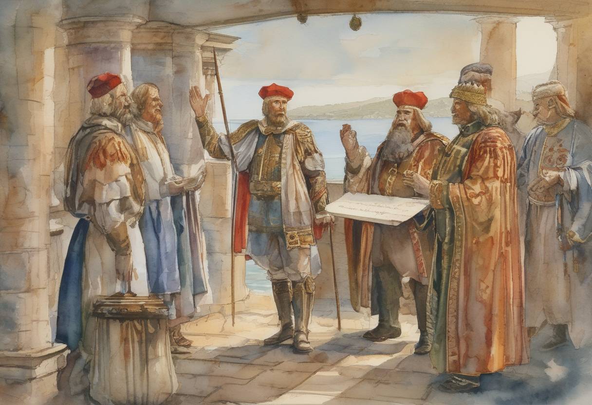 Watercolor painting based depiction of Croatian Duke Trpimir I issues a charter in Bijaći, near Trogir, which is the first known written document of the Croatian language. (852)